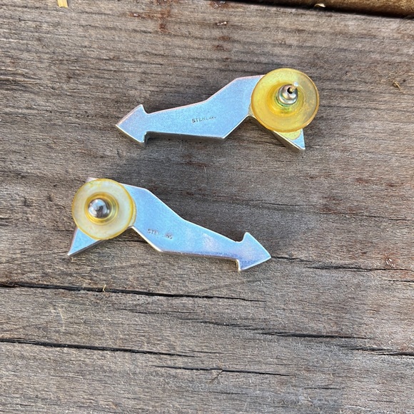 Vintage Turquoise and Lapis inlaid Navajo Broken Arrow Earrings - Picture 7 of 16